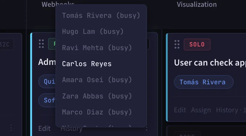 Assign dropdown showing most team members busy